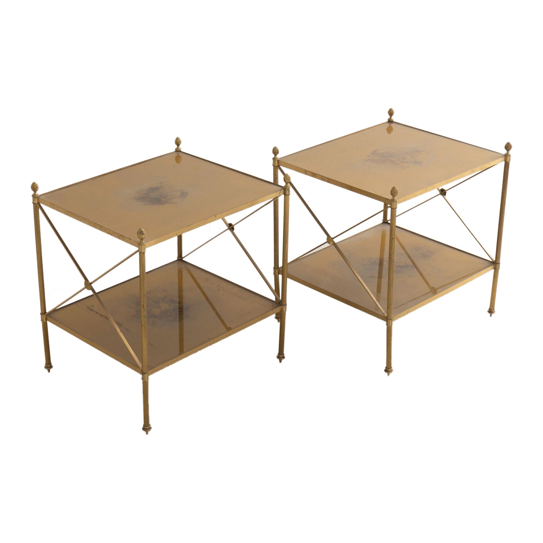 Pair of French Maison Style Brass Side Tables with Gold Eglomise Shelves For Sale