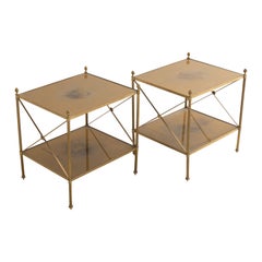 Pair of French Maison Style Brass Side Tables with Gold Eglomise Shelves