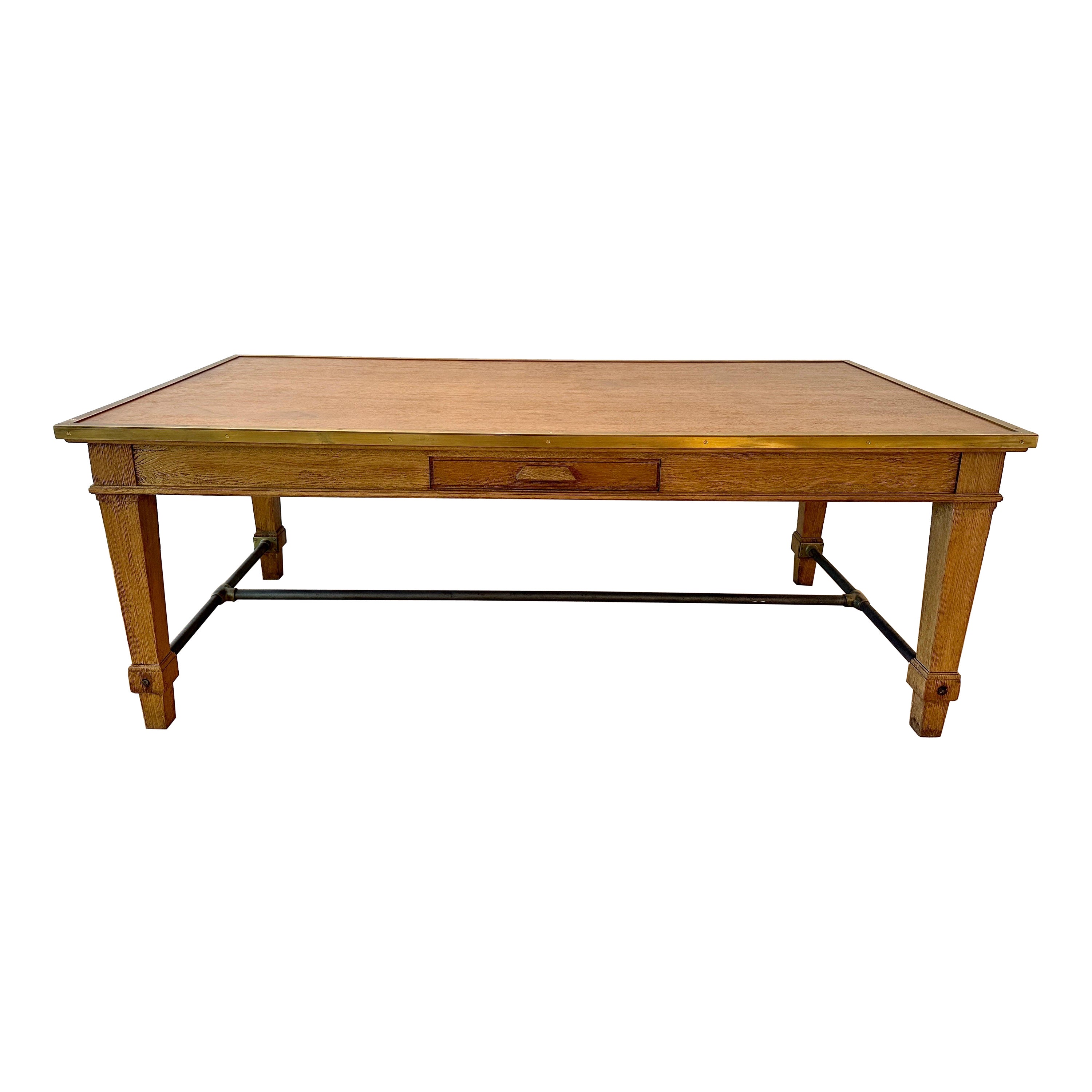Oak, Iron and Brass Library Table Banc De France, circa 1920s For Sale