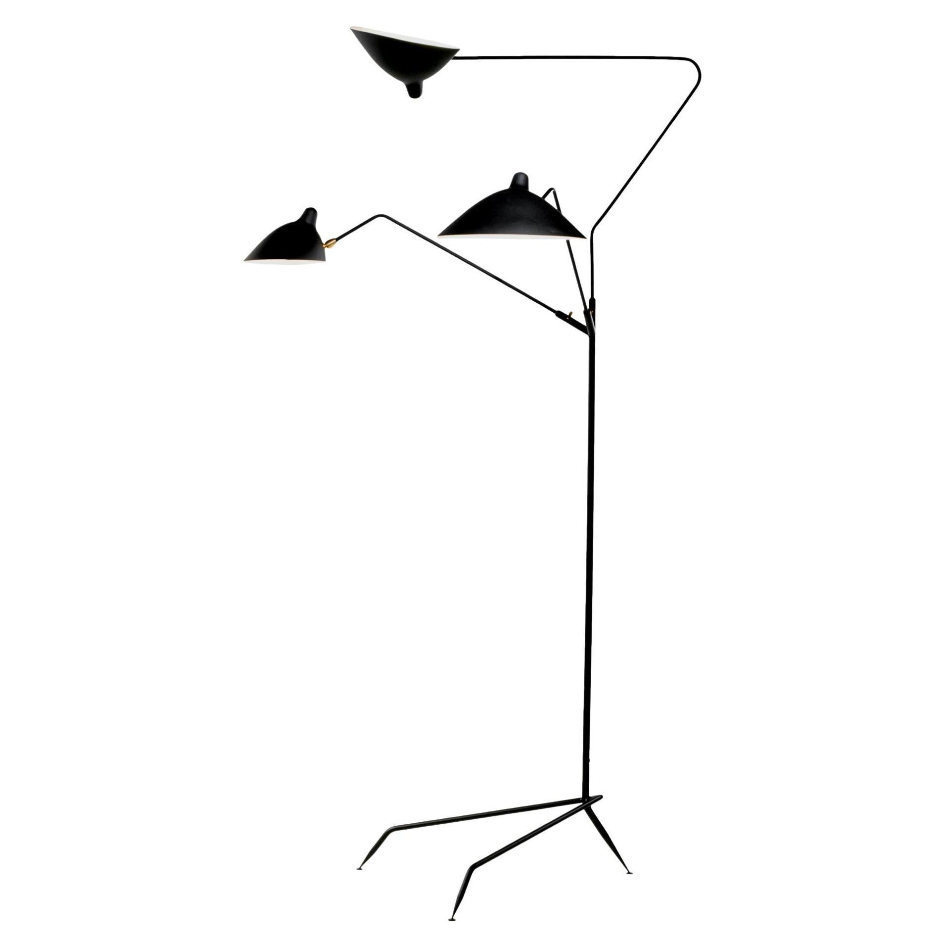 Serge Mouille - Floor Lamp with Three Arms in Black - IN STOCK! For Sale