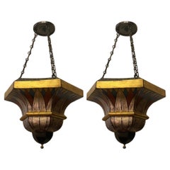 Used Art Deco Pair Venetian Tole Hand Painted Flush Mount Ceiling Fixtures Pendents