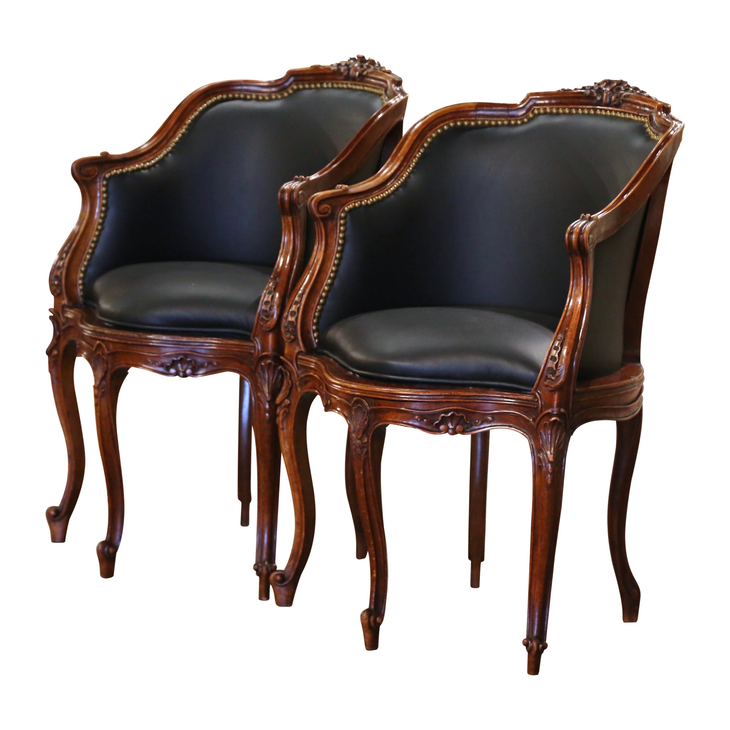 Pair 19th Century French Louis XV Leather Upholstered Five-Leg Desk Armchairs