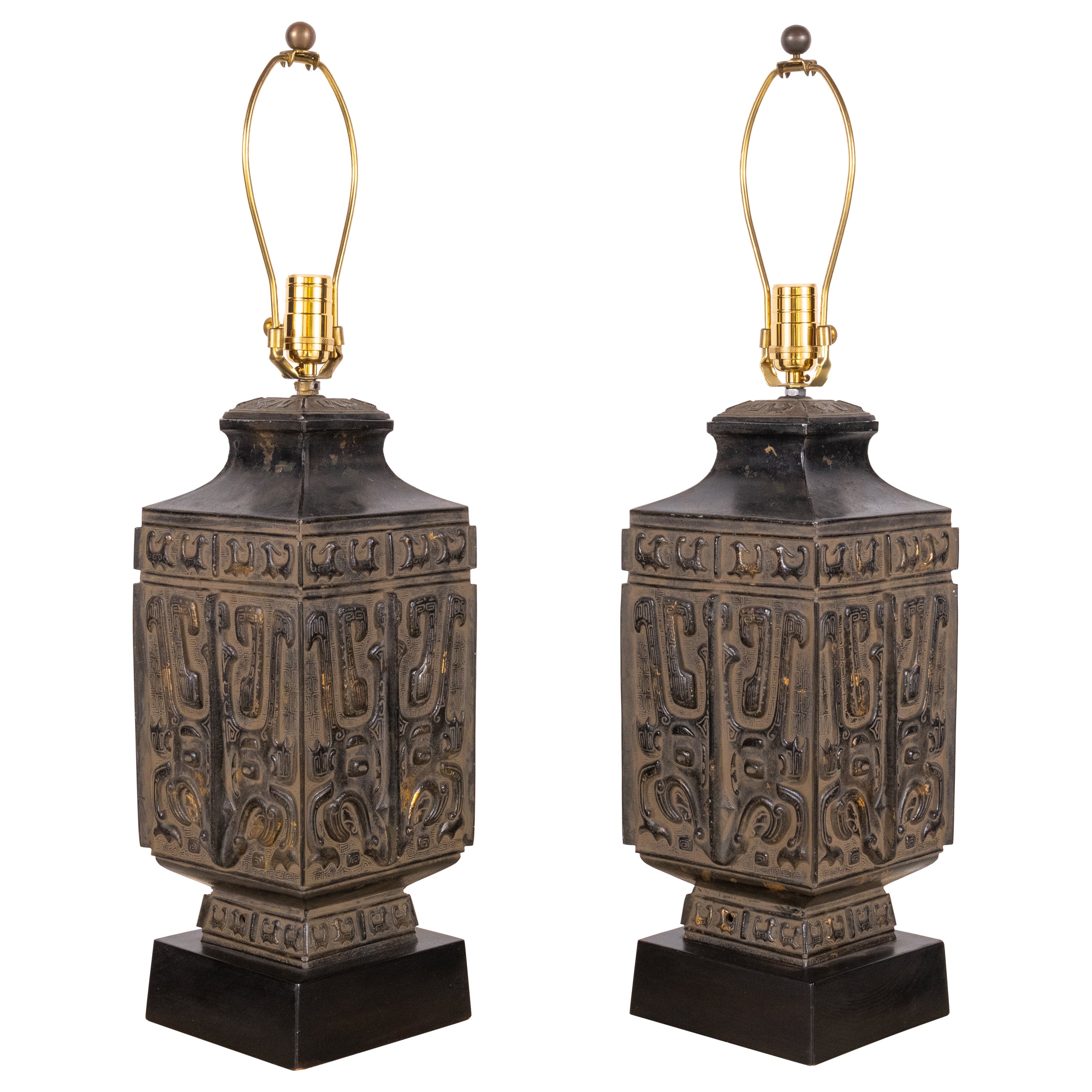 Pair of Hollywood Regency Bronze Chinese Lamps in the style of James Mont For Sale