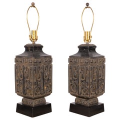 Retro Pair of Hollywood Regency Bronze Chinese Lamps in the style of James Mont