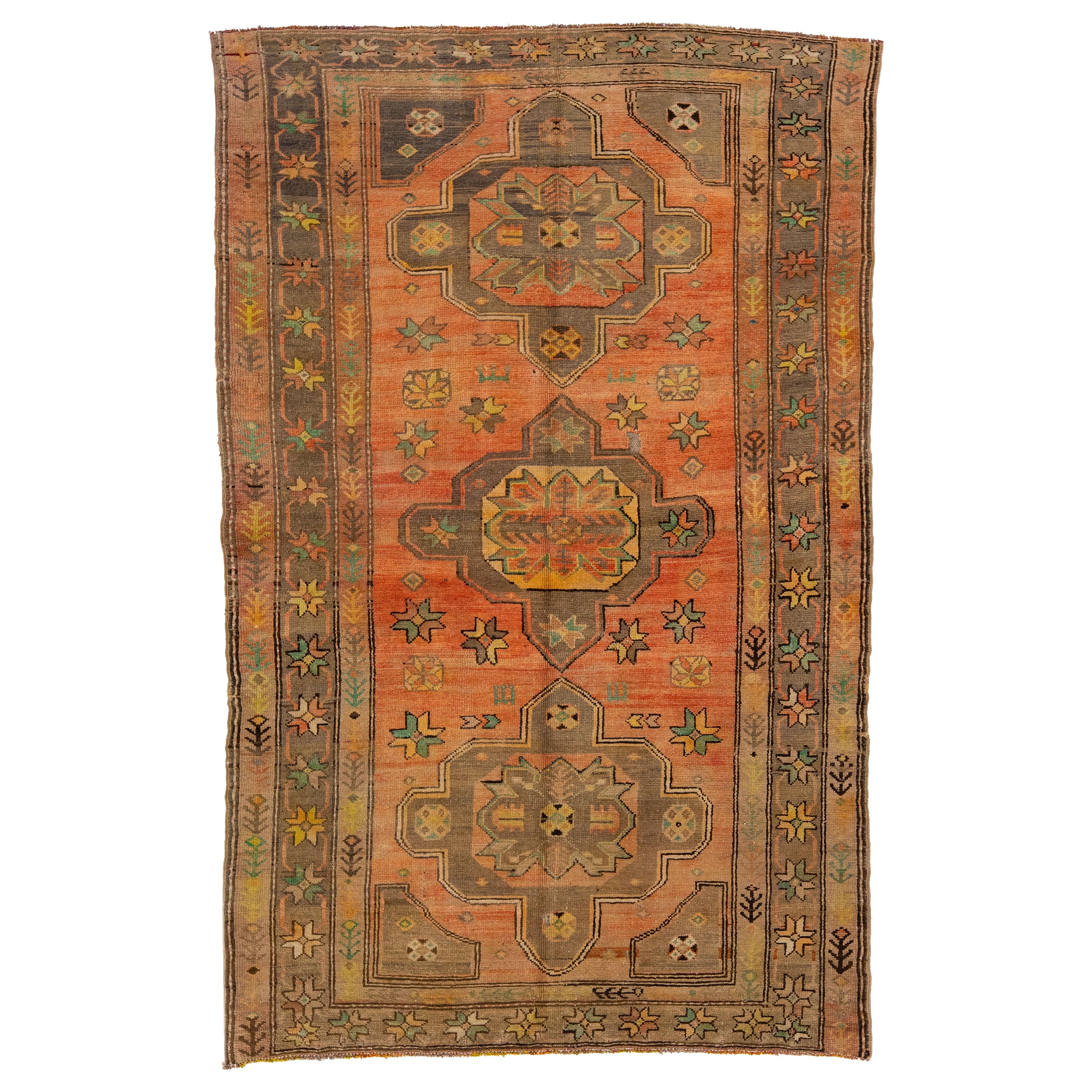 Antique Turkish Khotan Handmade Wool Rug with Tribal Terracotta Field For Sale