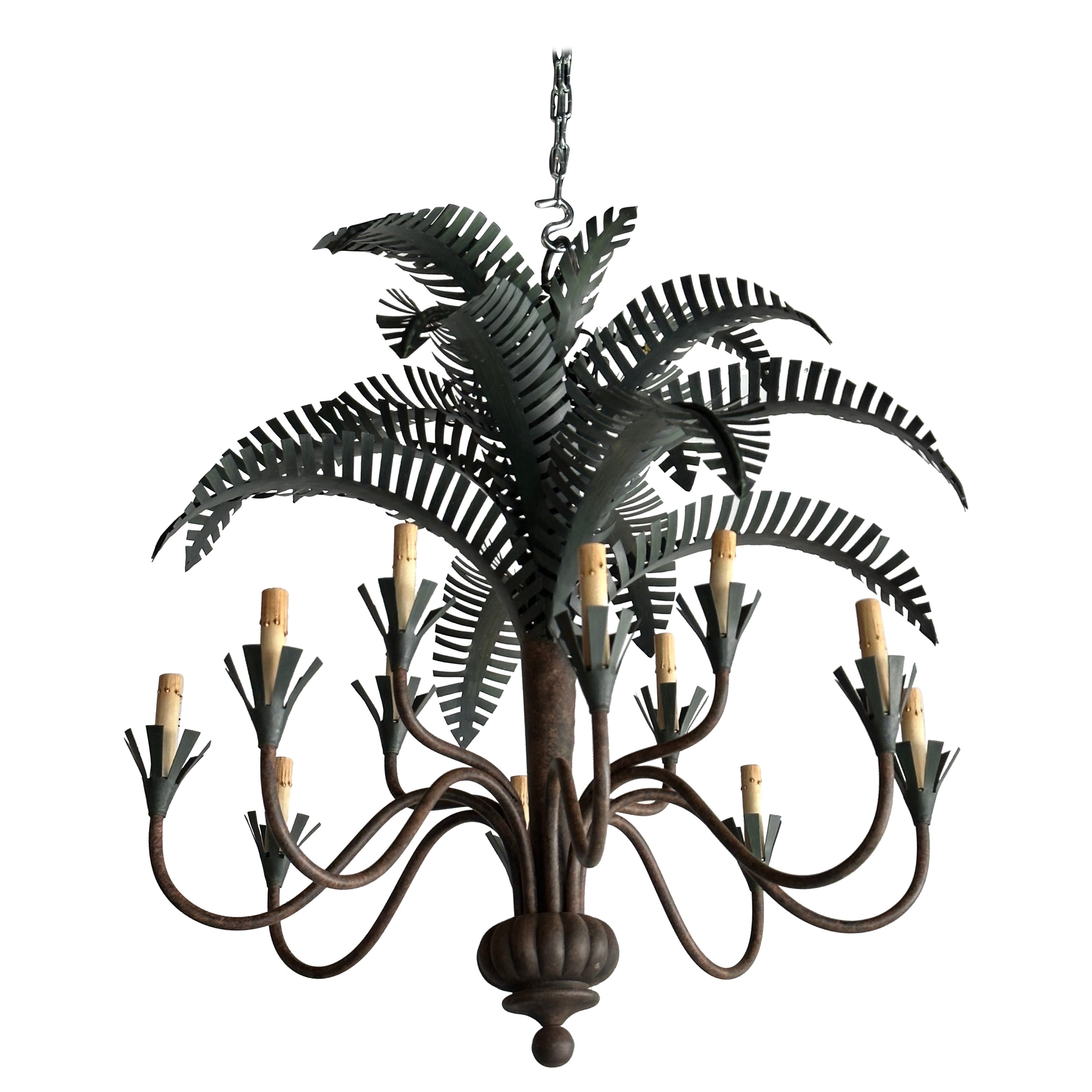 Vintage Currey & Co. 12 Light Chandelier Palm Tree Frond Leaf Metal Tole