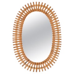 Midcentury French Riviera Oval Wall Mirror with Bamboo and Rattan Frame, 1960s