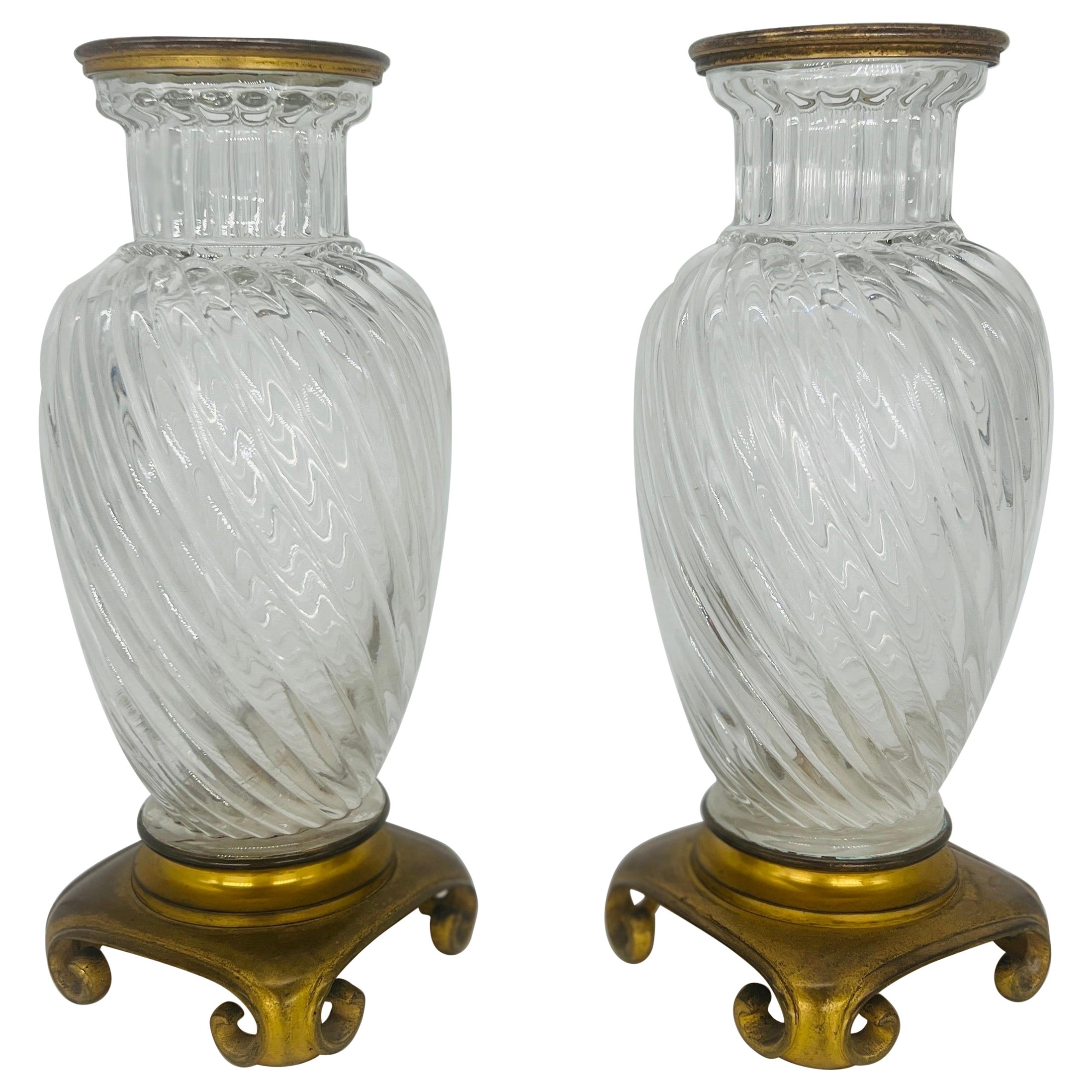 Pair, 19th Century Baccarat Swirl Pattern Bronze Ormolu Mounted Crystal Vases For Sale