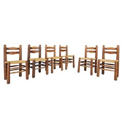 Handcrafted Dining Room Chairs in Wood and Rush France 1940s Set of 8