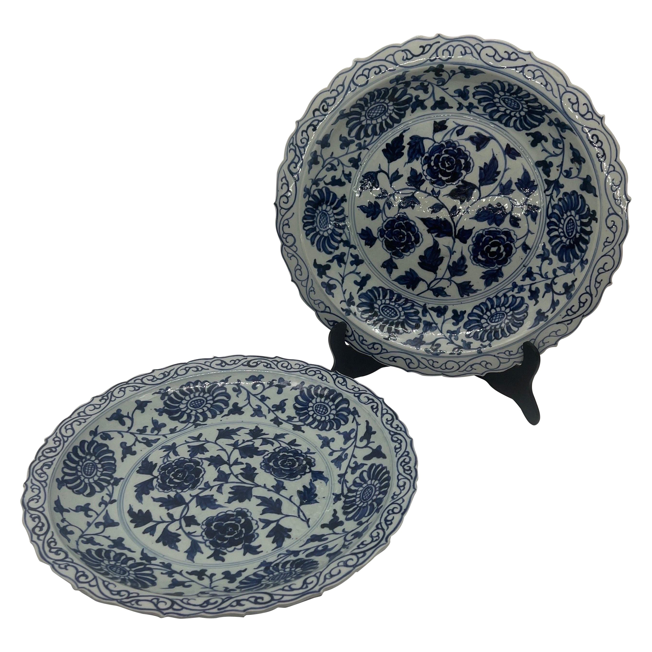 Pair, Large Chinese Blue & White Porcelain Floral Platters For Sale
