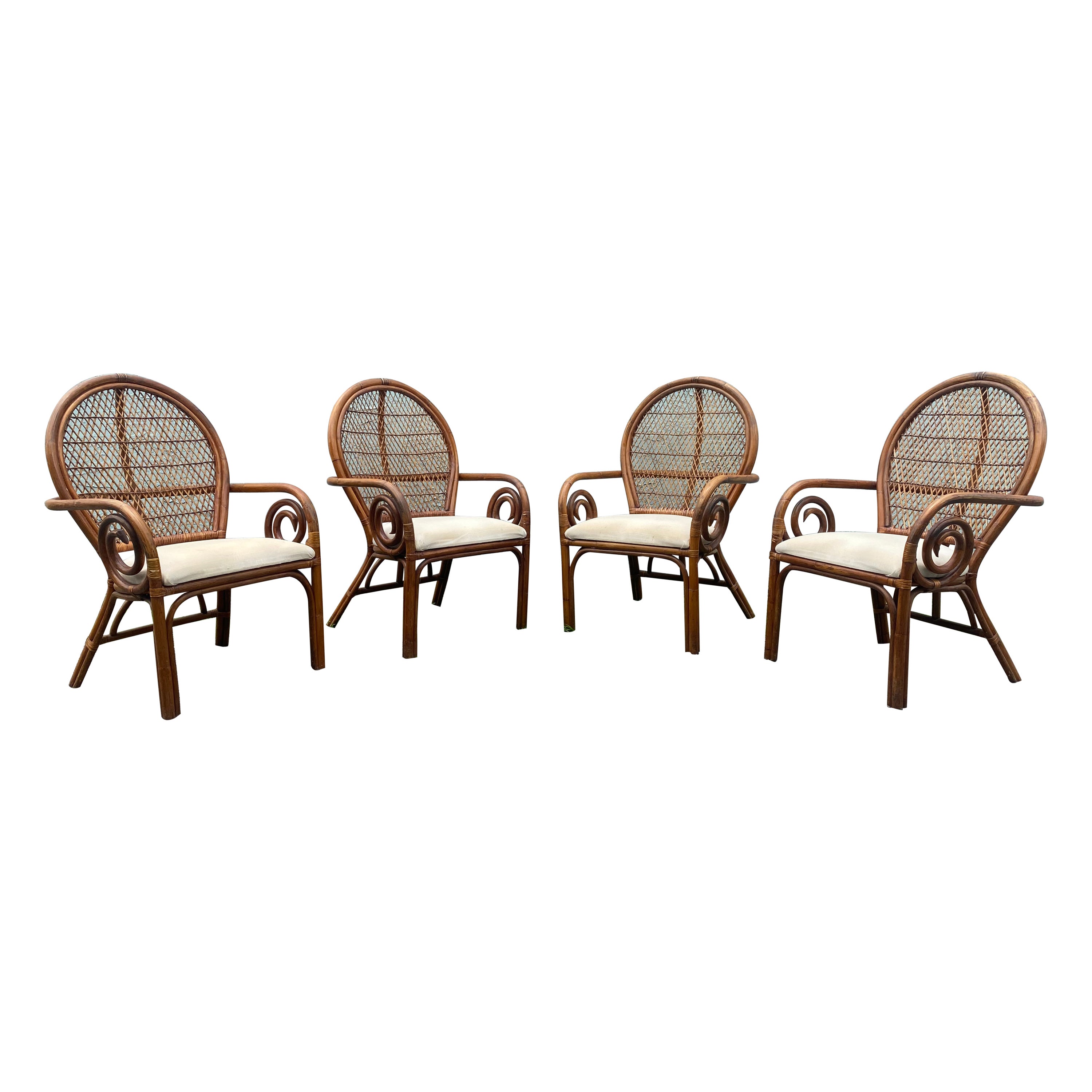 1970s Rattan Peacock Scroll Arm Sculptural Dining Side Chairs For Sale