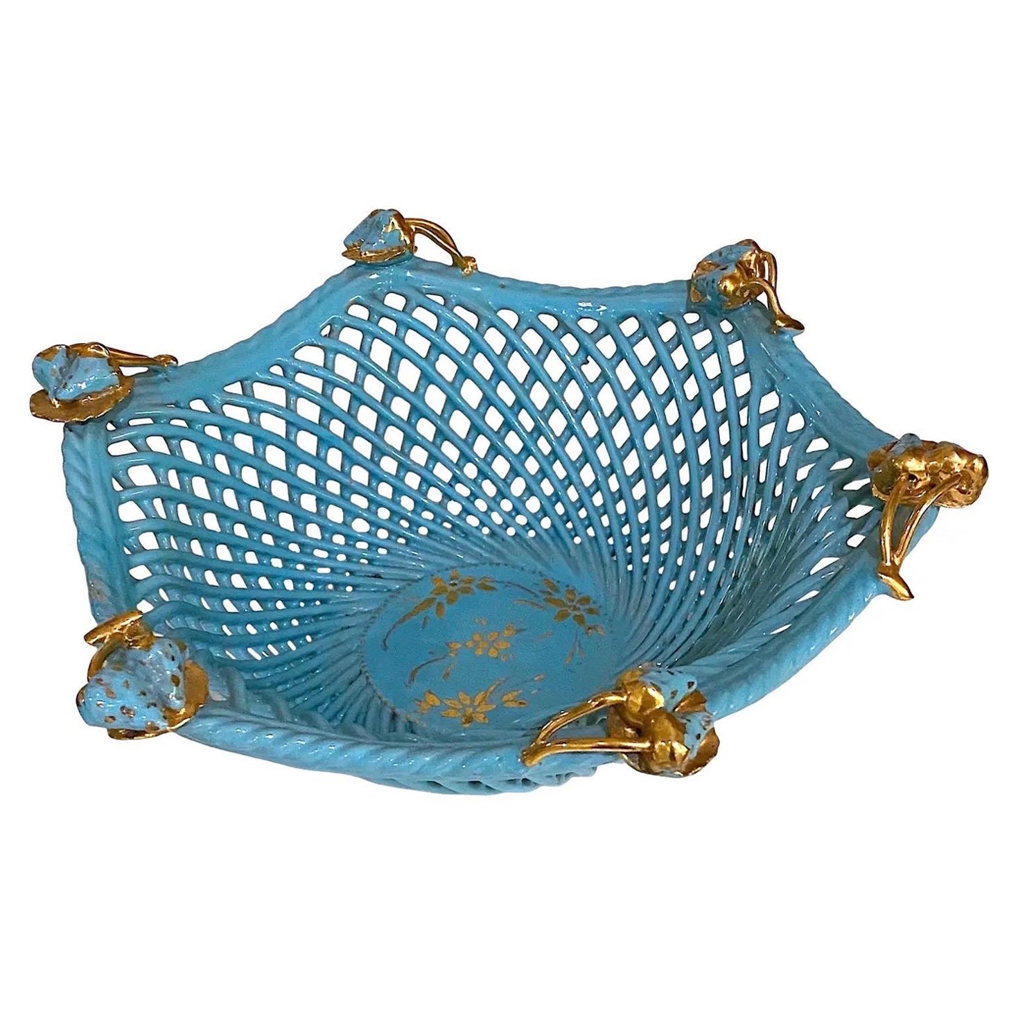 Vintage Italian Turquoise and Gold Ceramic Basket Weave Bowl For Sale