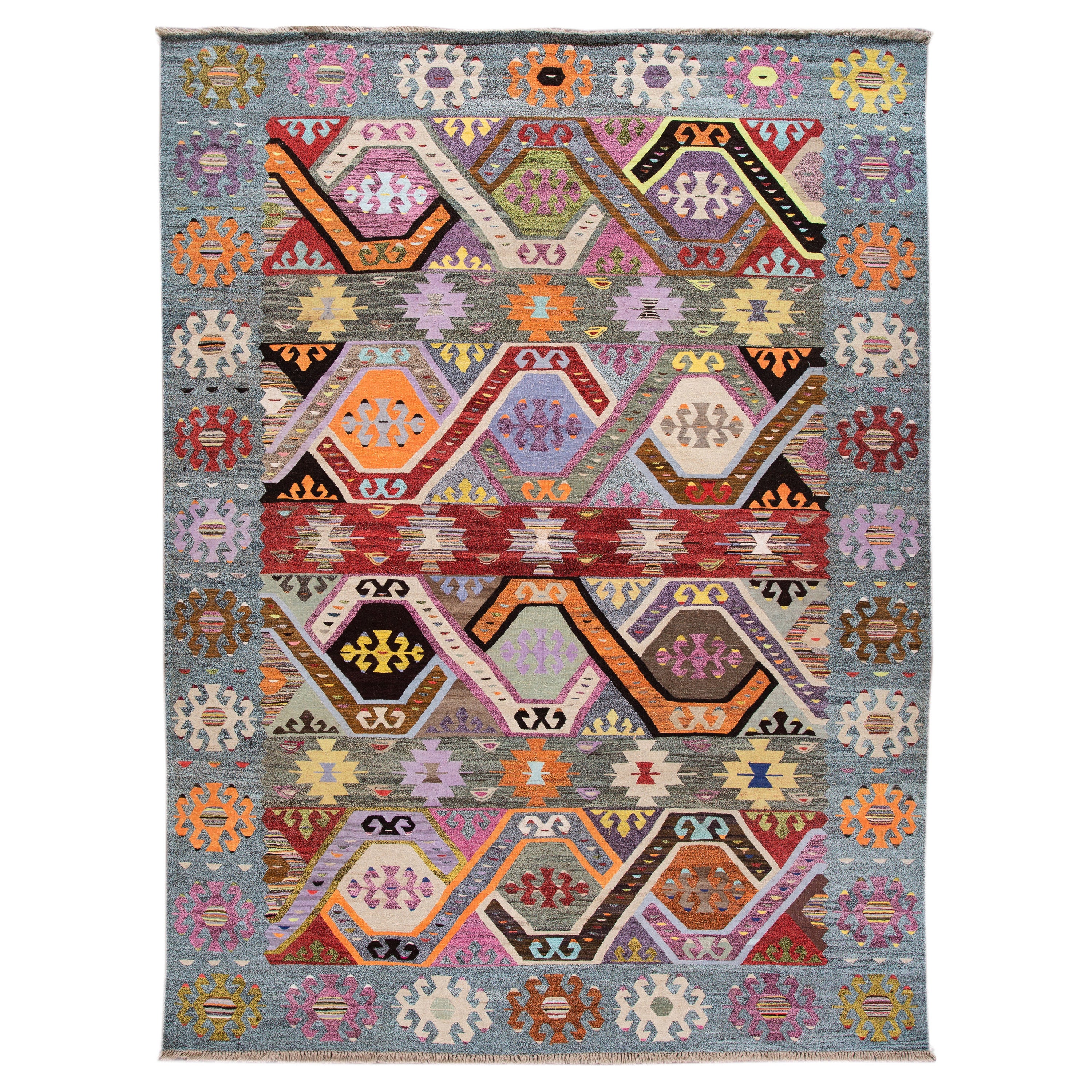 Contemporary Kilim Wool Rug with Multicolor Art Deco Design 
