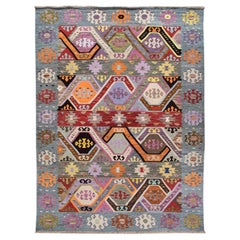  Tapis Kilim contemporain en laine avec motif Art Déco multicolore 