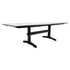Used Black Lacquered Pine Trestle Base Farmhouse Dining Table, Refinished