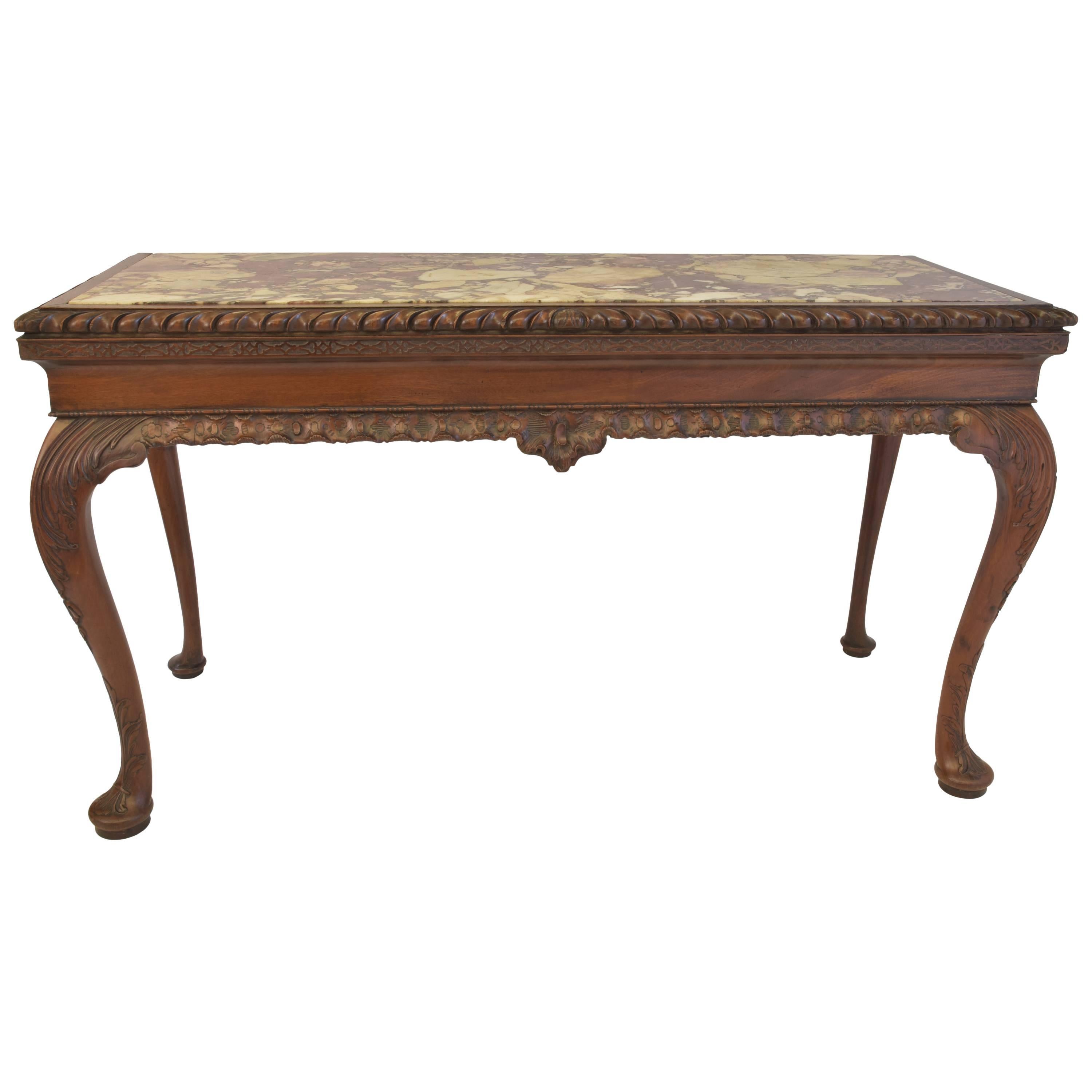 George I Carved Mahogany Breche Violette Marble Top Console Table, 19th Century