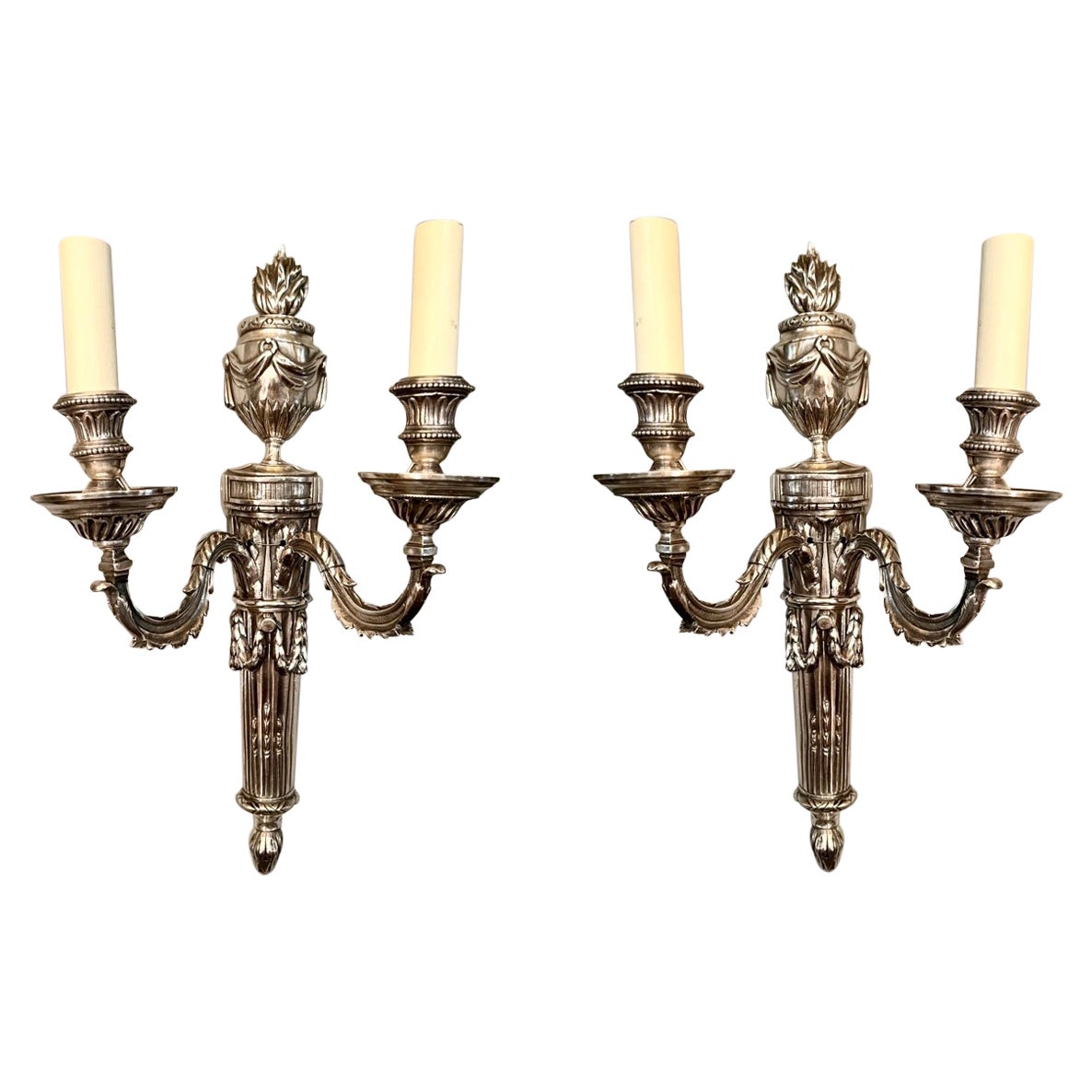 Pair Antique French Louis XVI Two Light Silvered Bronze Scones
