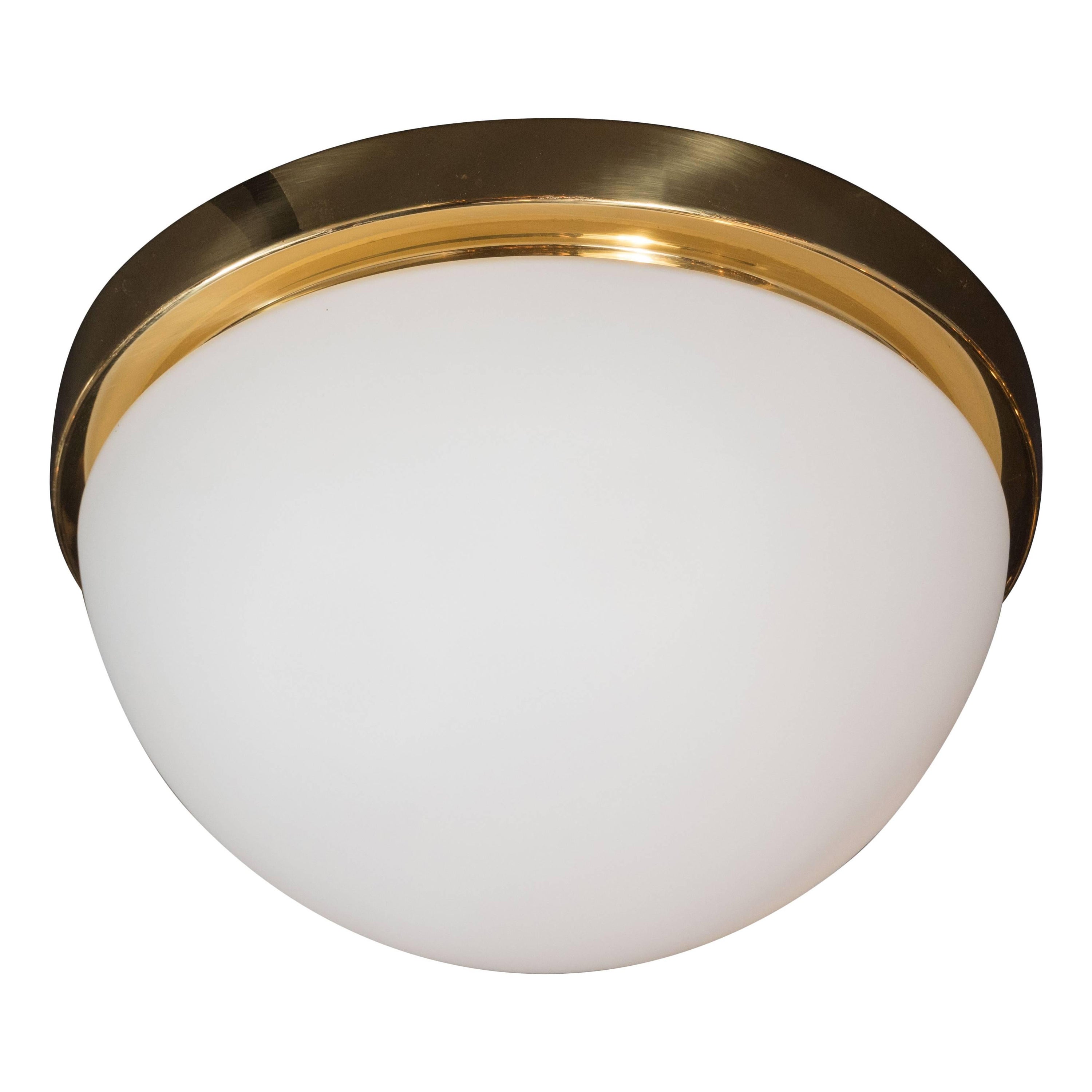 Midcentury Frosted Glass and Brass Flush Mount Fixture by Glashütte Limburg For Sale