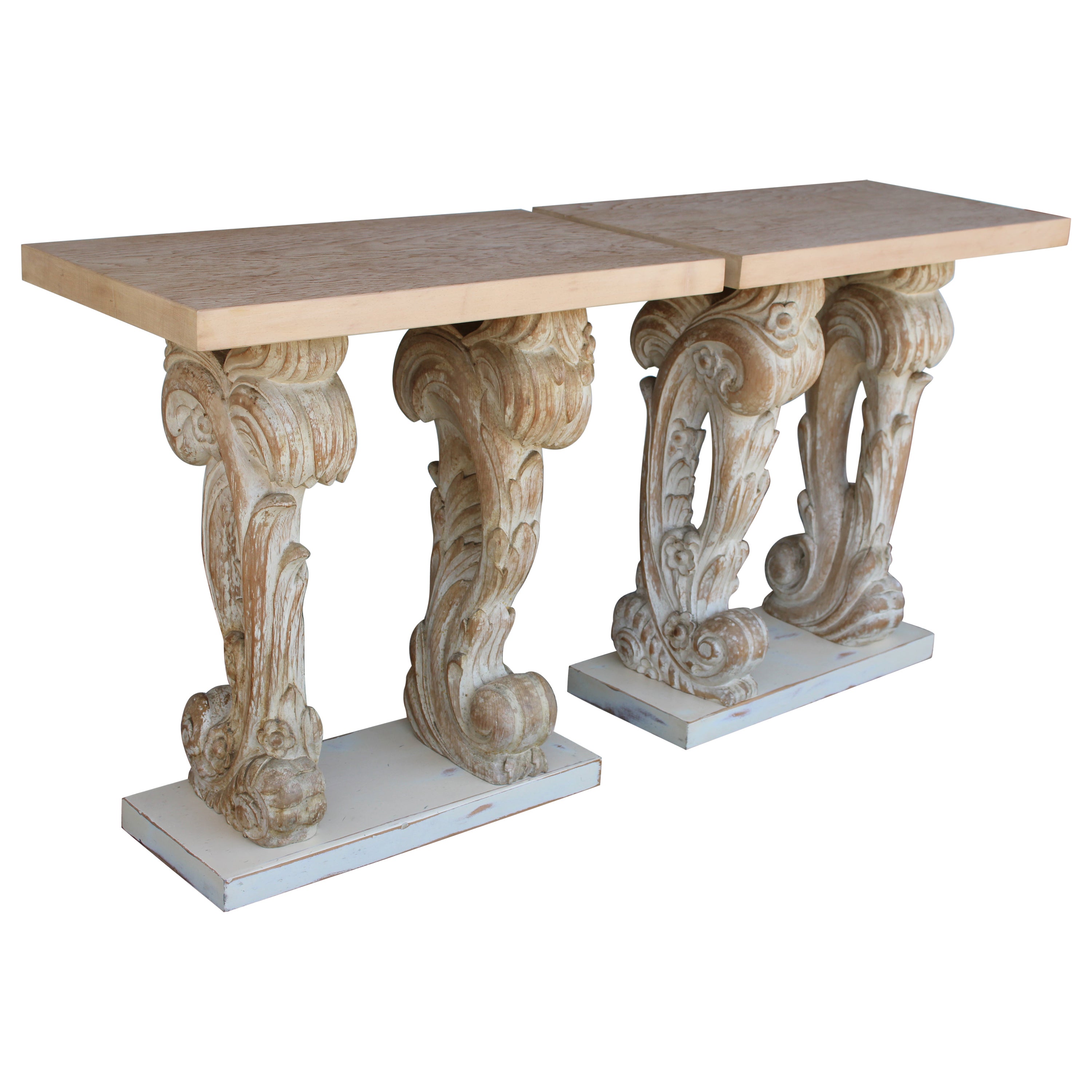 Pair of Carved Painted Console Tables For Sale