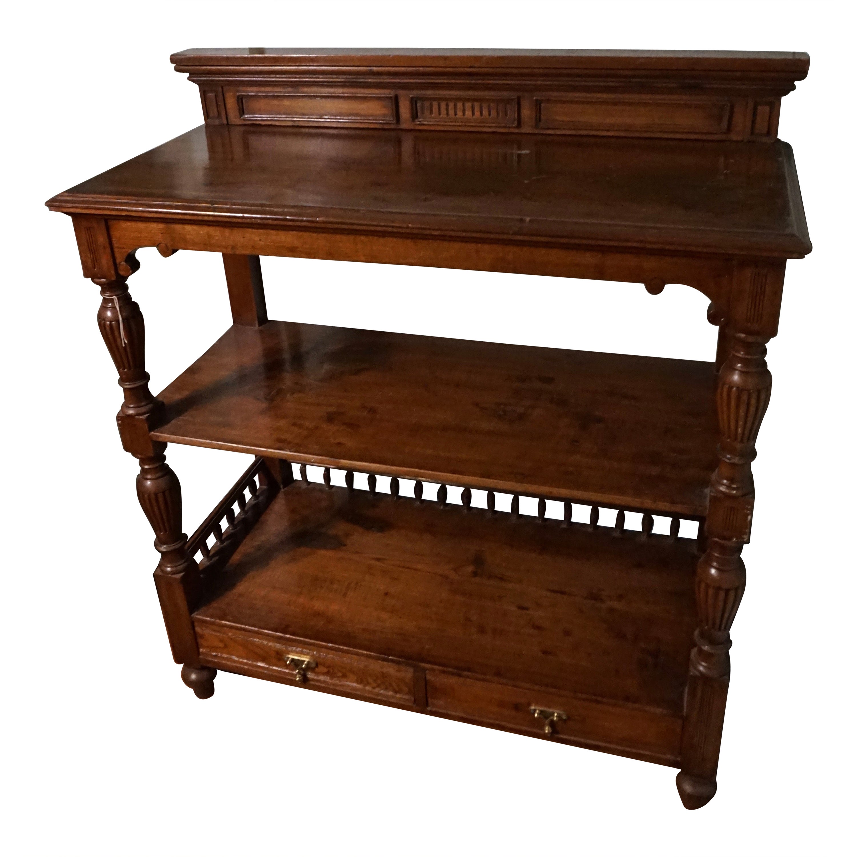 Solid Teak Hand Carved Colonial Whatnot Rack with Shelves & Drawers For Sale