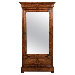 French Louis Philippe Style Burl Walnut Bonnetiere Armoire with Mirror, 1900