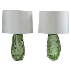 Lovely Pair of Artisan Blown Sea Green Lamps, Contemporary