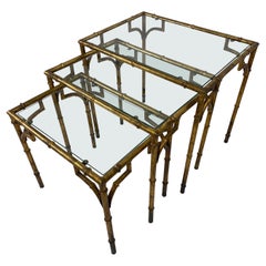 Vintage Italian Gold Gilded Wrought Iron Faux Bamboo Nest of Tables