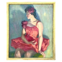 Vintage Boho Signed Original Oil Portrait of Beautiful Dancer, 1954