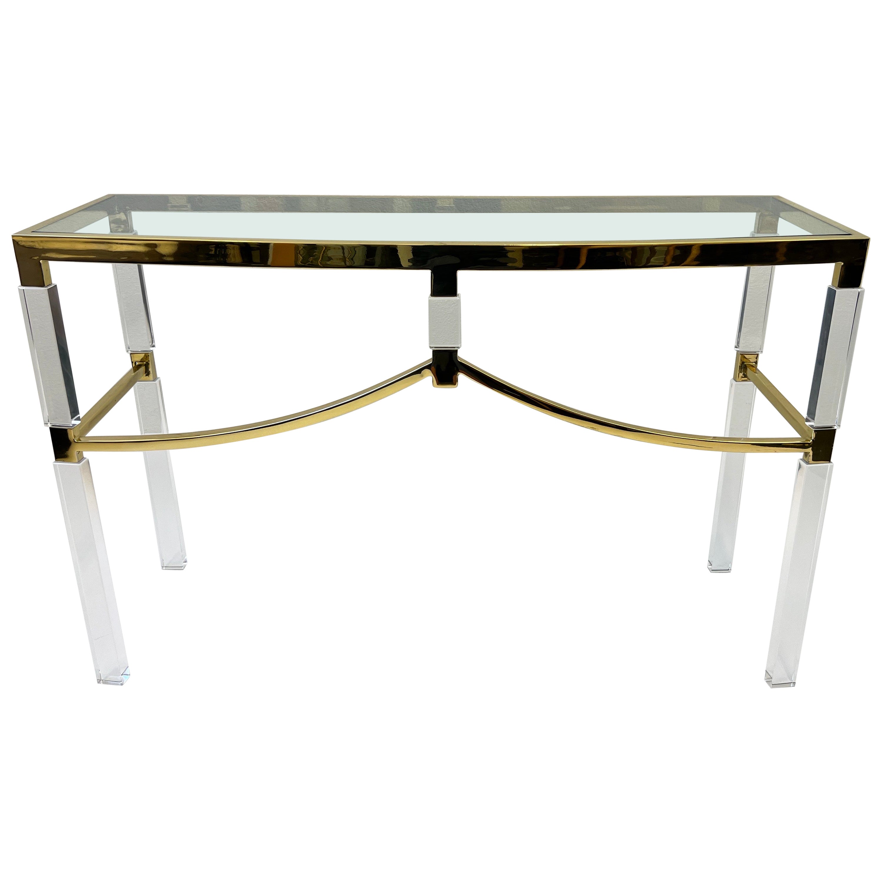 Polish Brass and Lucite Regency Console Table by Charles Hollis Jones For Sale