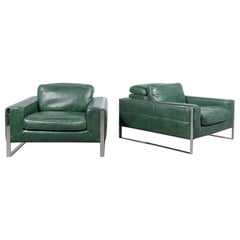 Restored Modern Lounge Chairs in Light Green Leather with Chrome Details