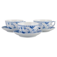 Royal Copenhagen, Blue Fluted Half Lace, Three Pairs of Large Teacups