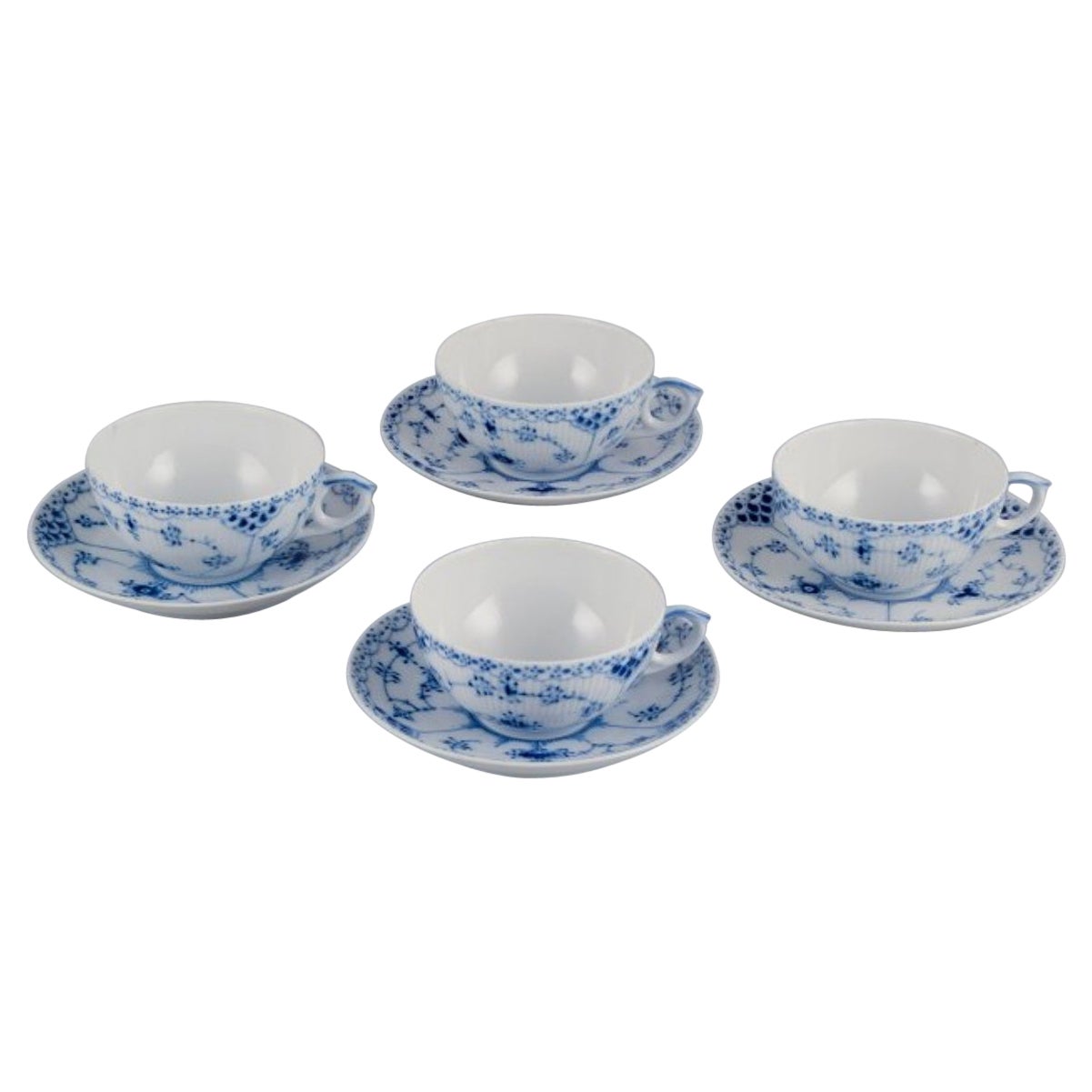 Royal Copenhagen, Blue Fluted Half Lace, Four Pairs of Teacups