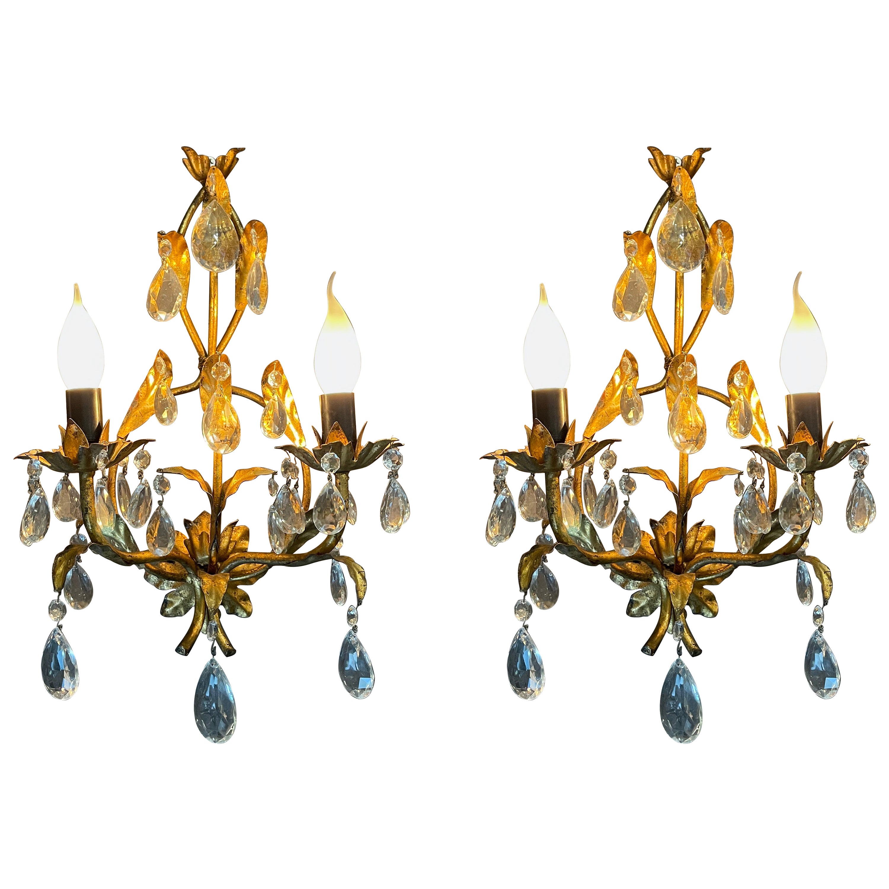 Pair of Gilt Metal Crystal Wall Sconces For Sale