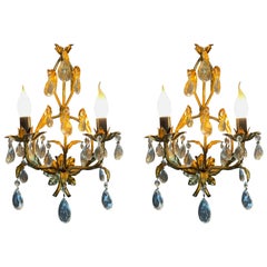 Antique Pair of Gilt Metal Crystal Wall Sconces