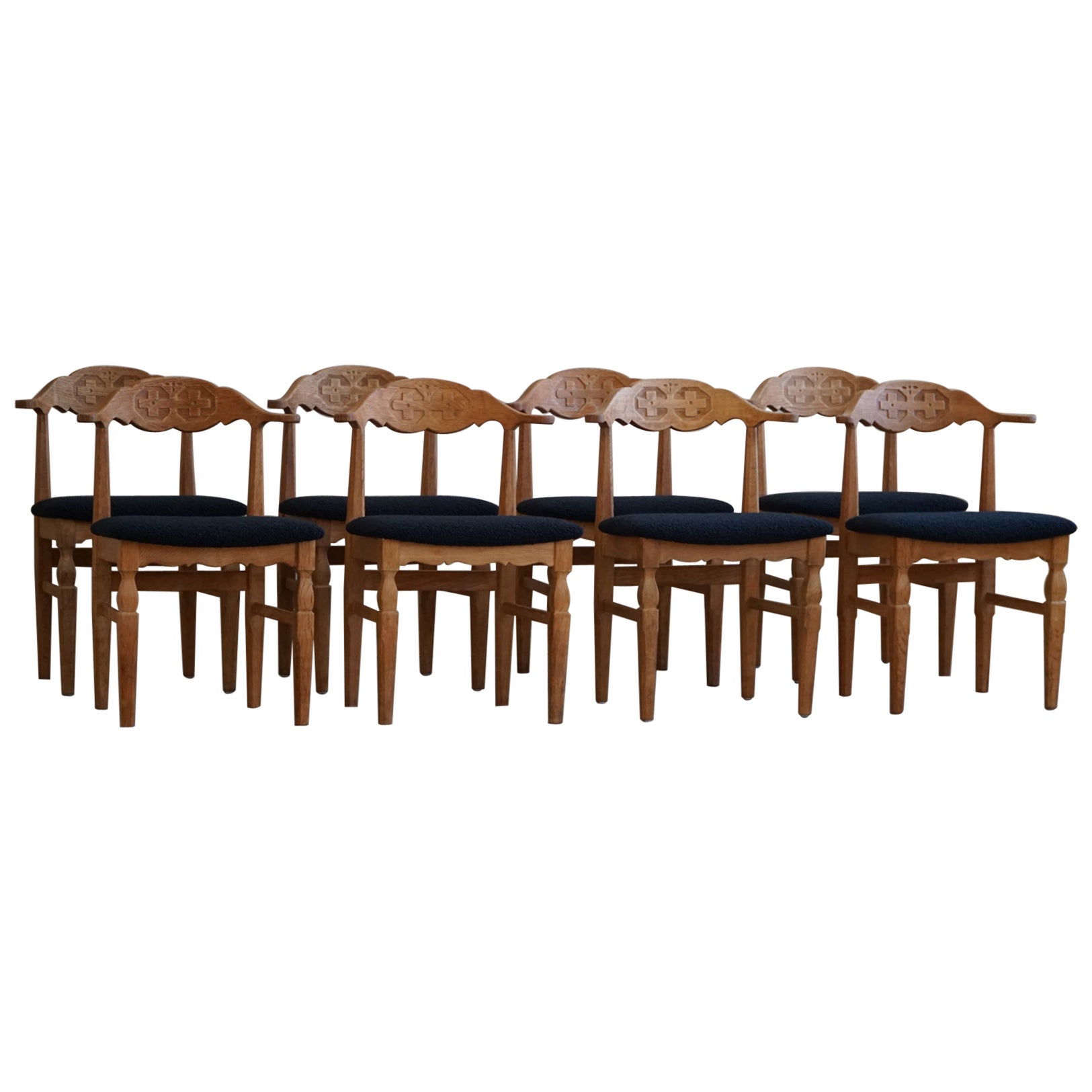 Set of 8 Dining Chairs, Henning Kjærnulf, Reupholstered in Bouclé, 1960s