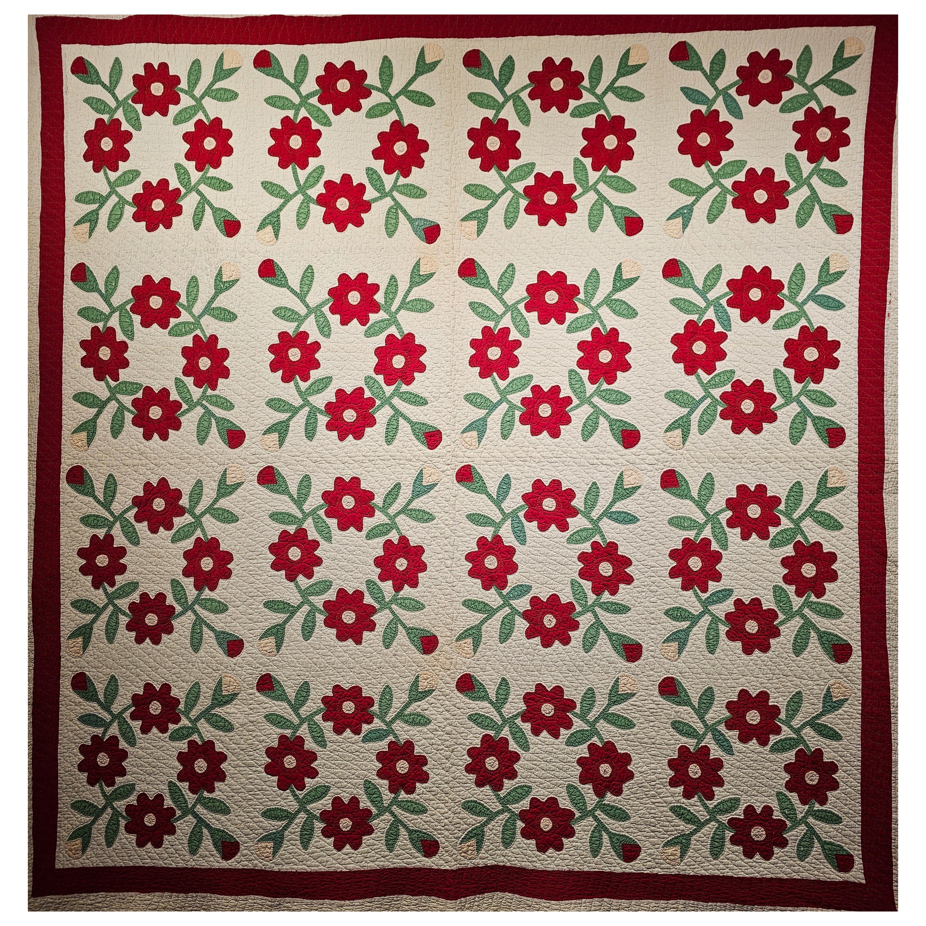 Quilt américain du 19e siècle à motifs floraux en appliques de Pennsylvanie