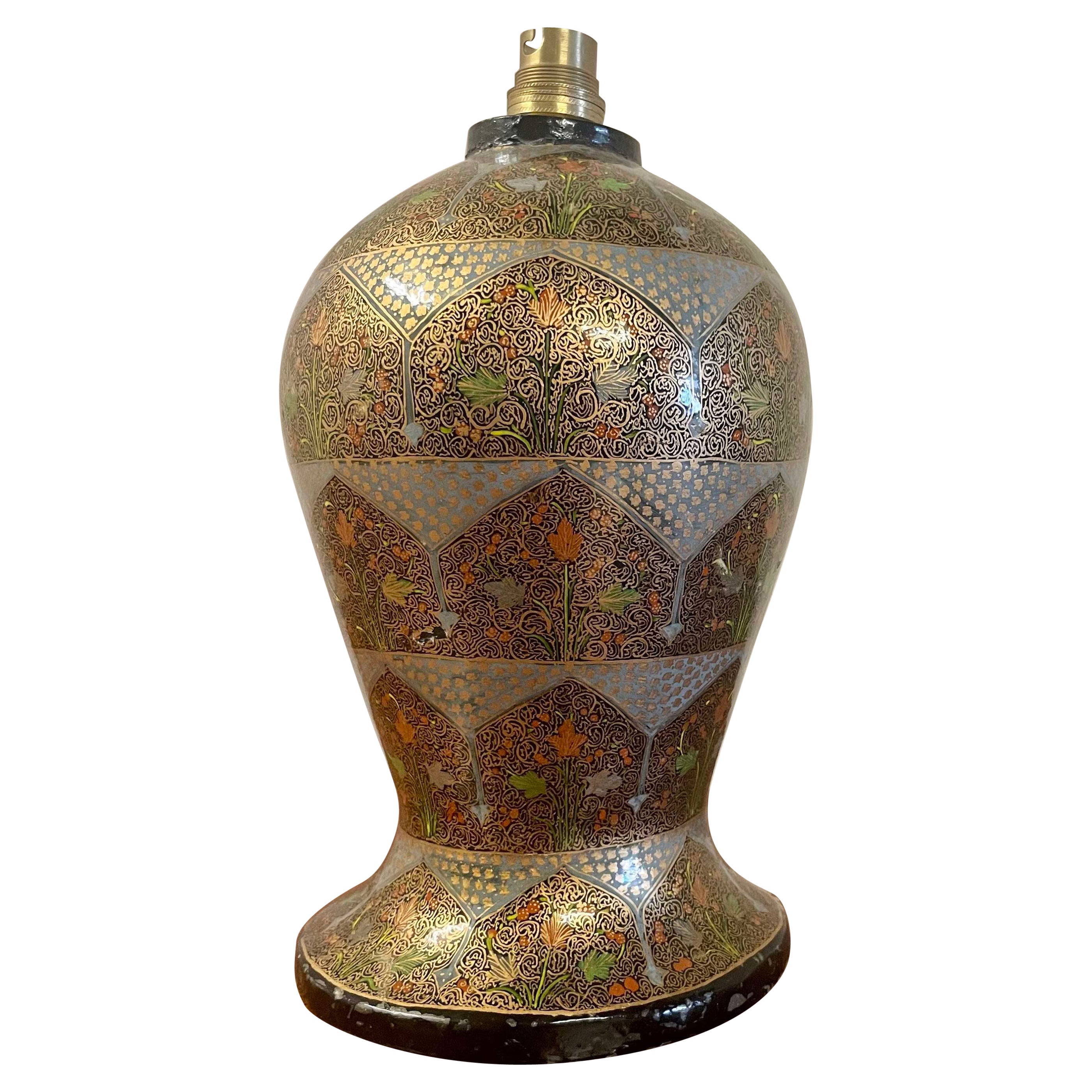 Kashmiri Hand Painted Papier Mâché Table Lamp Early 20th Century For Sale