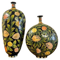 Pair of Kashmiri Papier Mâché Hand Painted Vases Floral Design