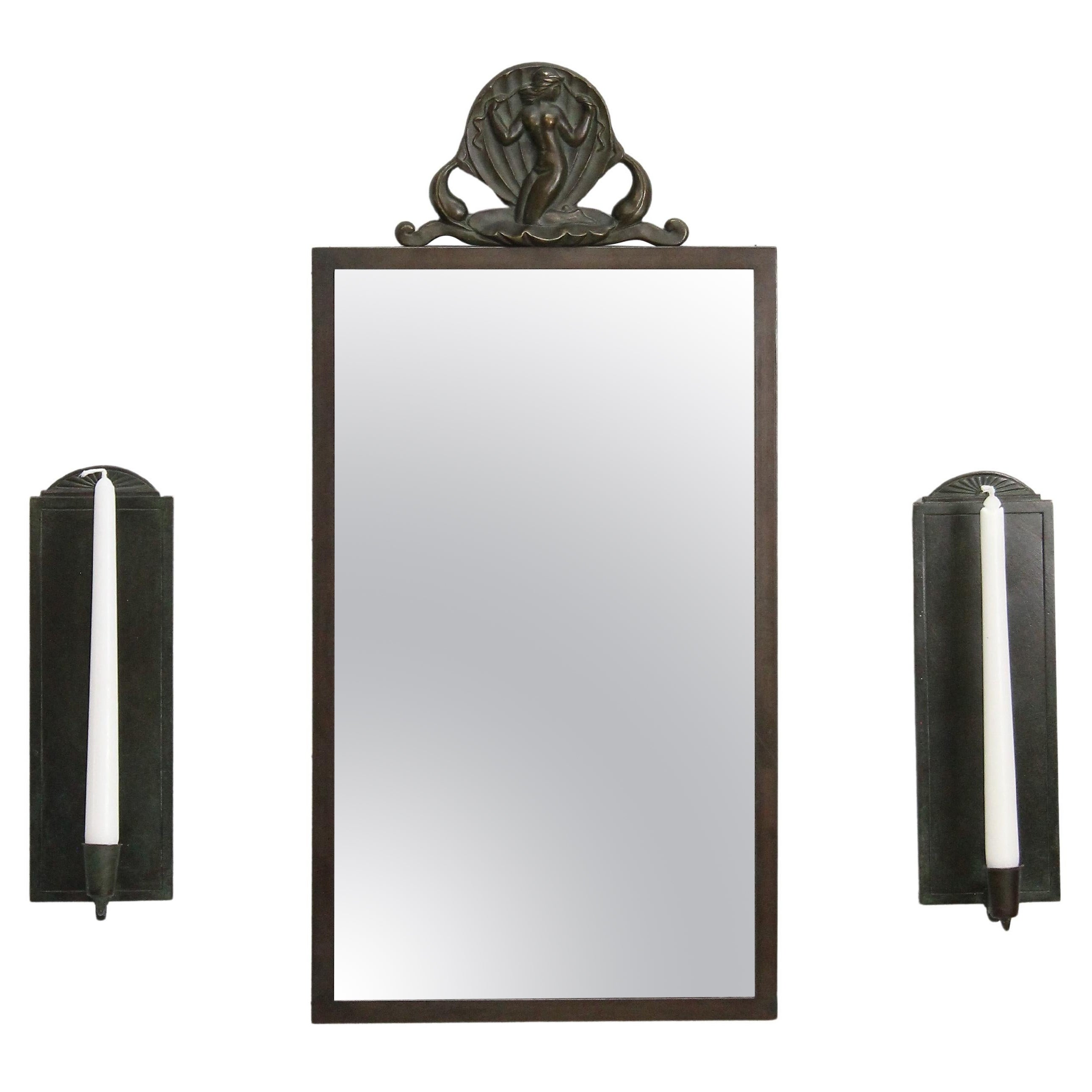 Mirror and a Pair of Scones, Oscar Antonsson for Ystad Brons, Sweden, 1930s For Sale