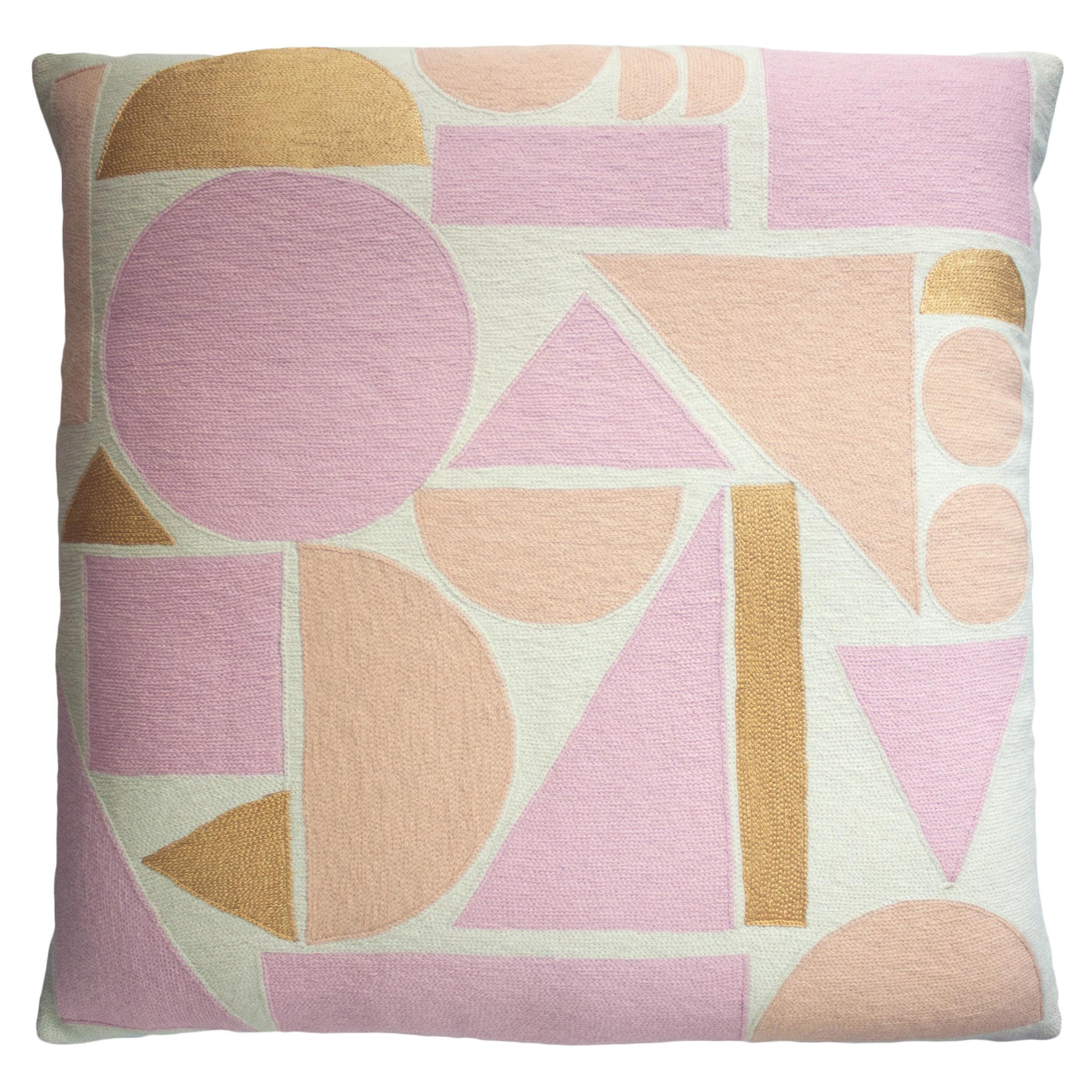 Melanie Peach and Gold Hand Embroidered Modern Geometric Floor Pillow Cover For Sale