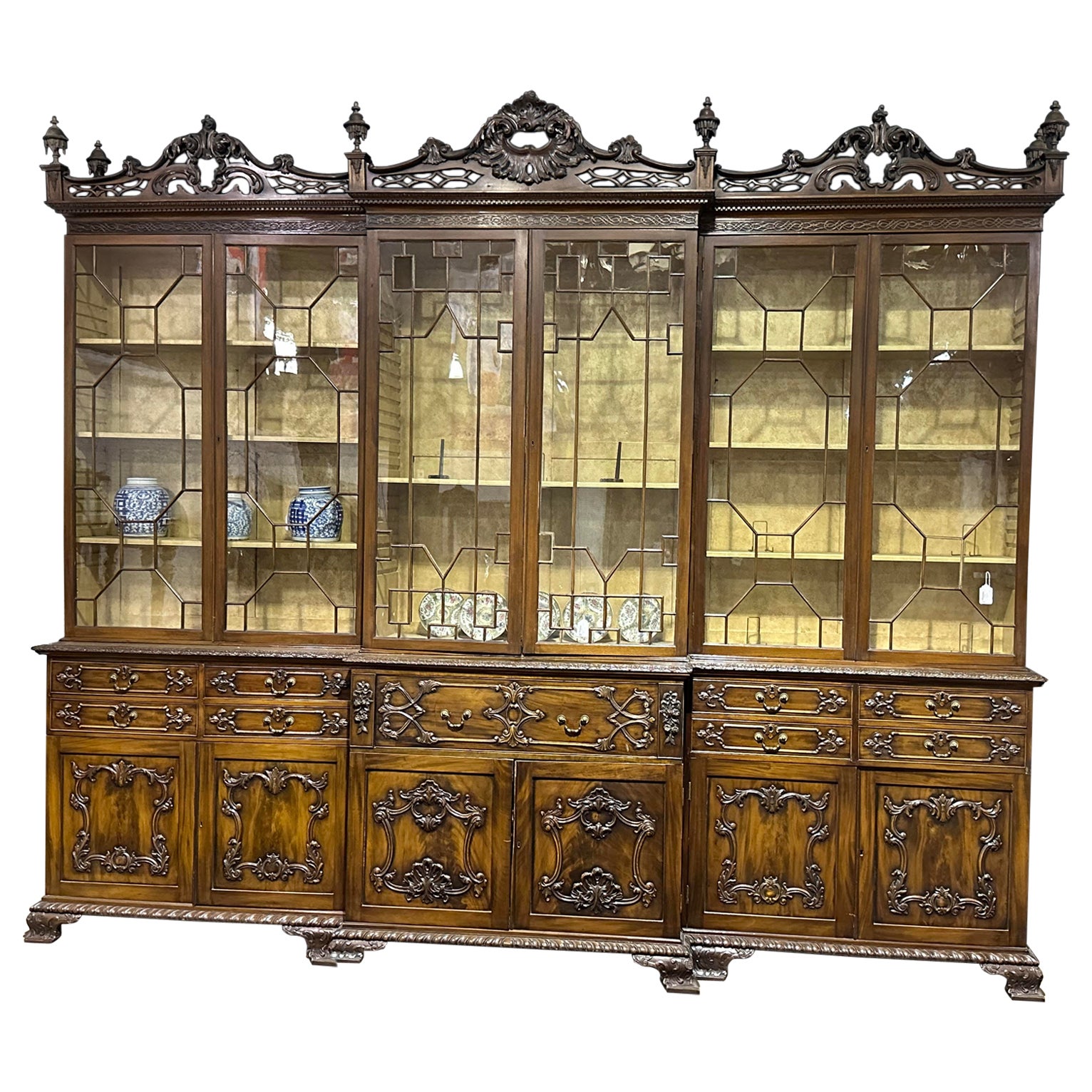 Monumental Antique English Chippendale Carved Walnut Breakfront with Provenance For Sale