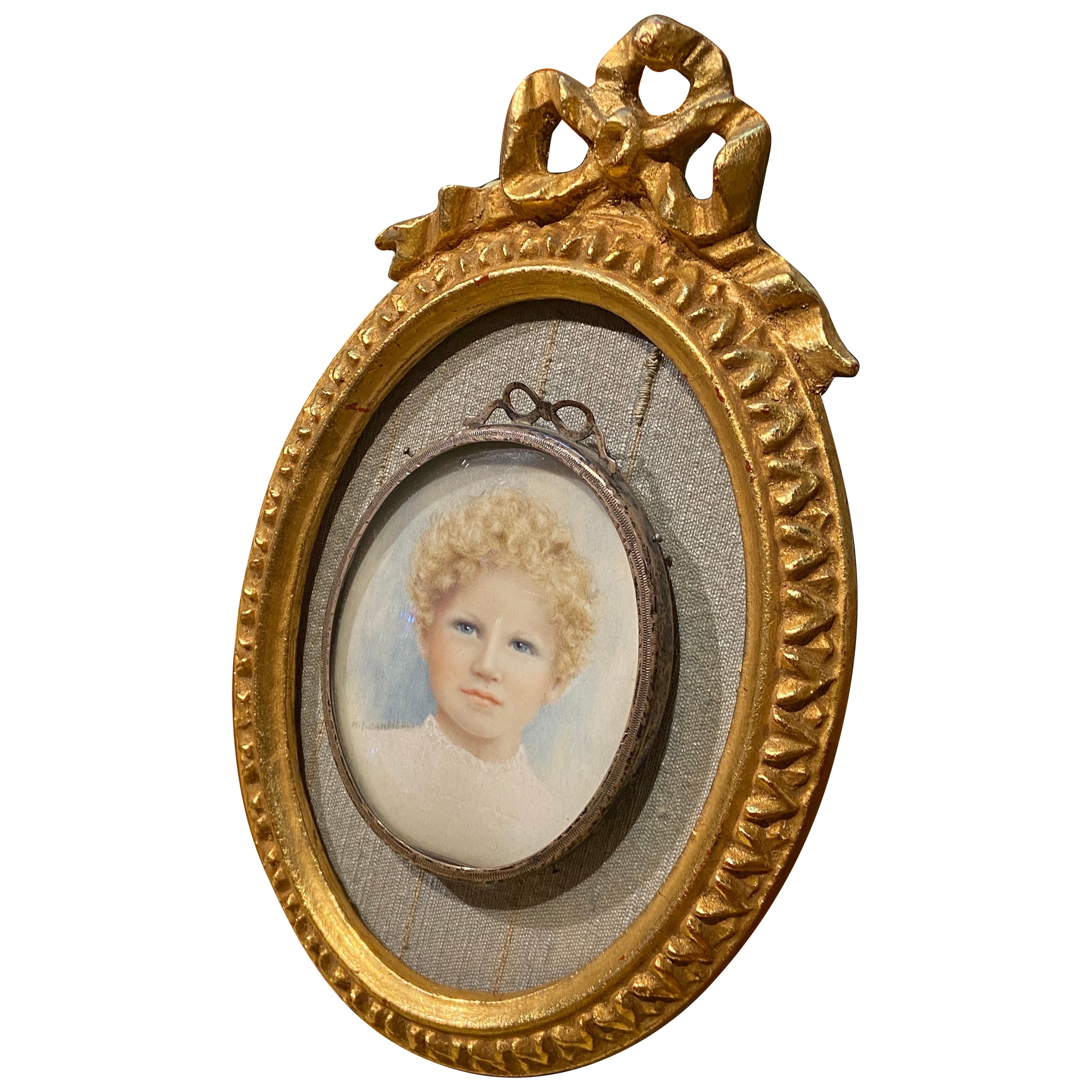 19th Century French Delicate Small Double Framed Painting of a Young Blond Child For Sale