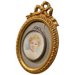 Antique 19th Century French Delicate Small Double Framed Painting of a Young Blond Child