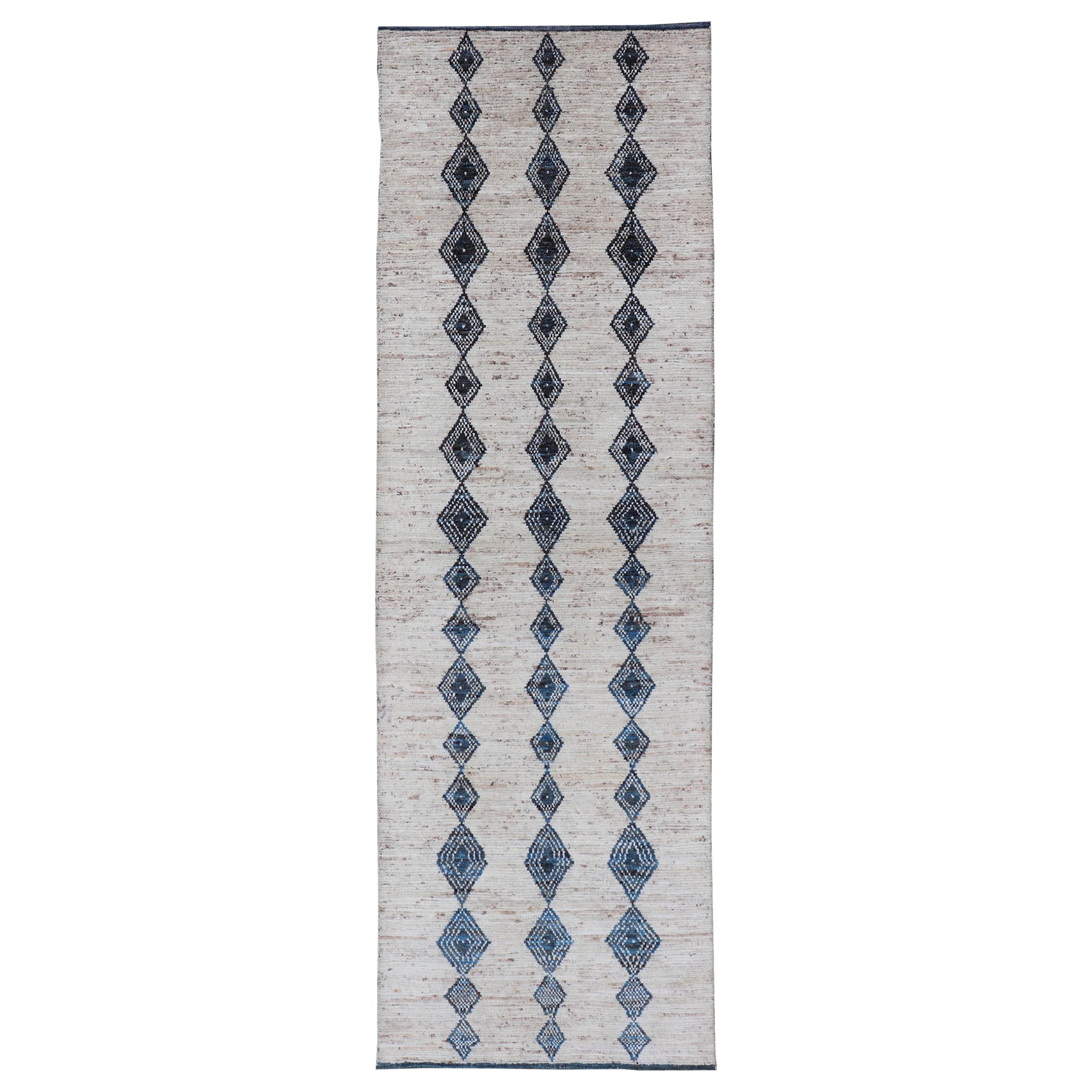 Modern Hand-Knotted Runner in Wool with Diamond Design in Blue and Ivory For Sale
