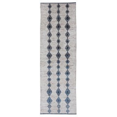 Modern Hand-Knotted Runner in Wool with Diamond Design in Blue and Ivory