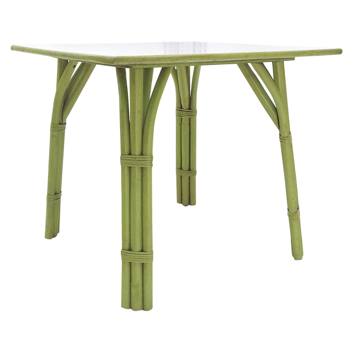 Square Light Green Faux Bamboo Rattan Game Table Mid Century Modern MINT! For Sale
