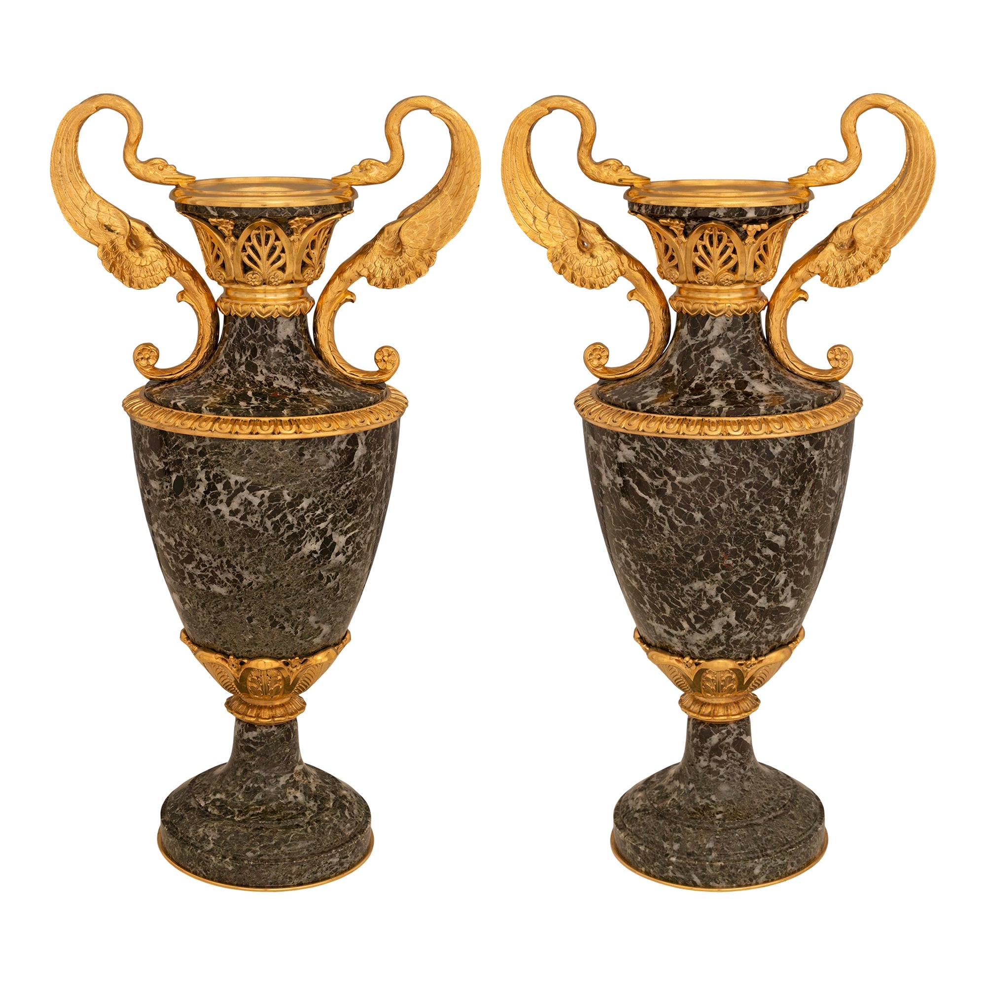 Pair Of French 19th Century Belle Époque Period Green Marble & Ormolu Urns For Sale