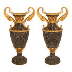 Pair Of French 19th Century Belle Époque Period Green Marble & Ormolu Urns