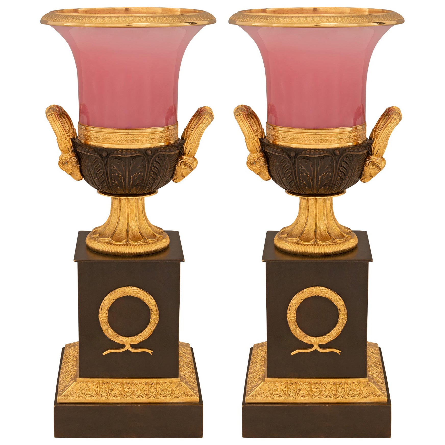 Pair of French 19th Century Neo-Classical St. Bronze, Glass, and Ormolu Urns For Sale