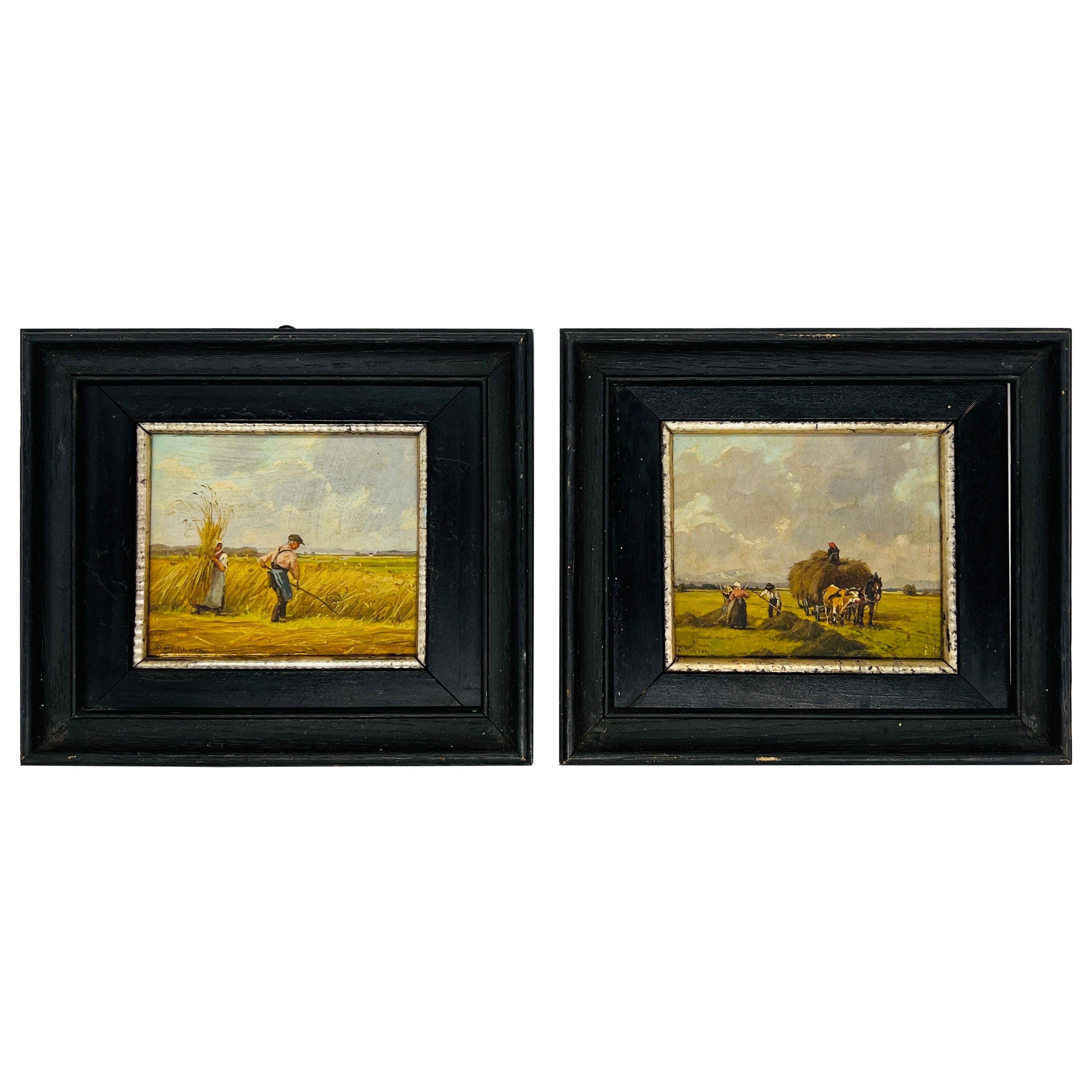 Pair, Peter Eichhorn German Oil on Board Paintings of Field Workers For Sale